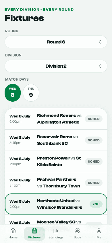 Futsy fixtures screen — every division's round with match days