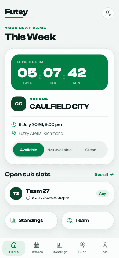 Futsy player home screen — kickoff countdown, RSVP, and open sub slots