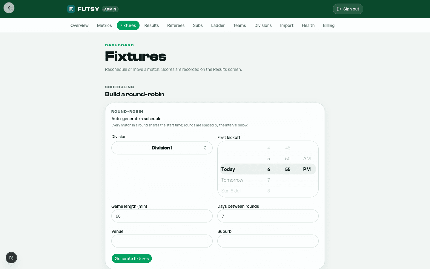 Futsy admin fixtures dashboard