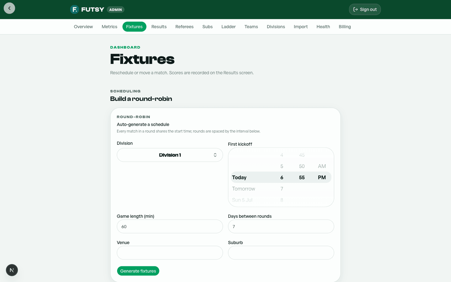Futsy admin fixtures page