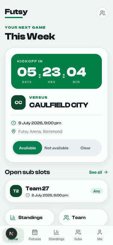 Futsy player home page with countdown, venue, RSVP, and sub slots