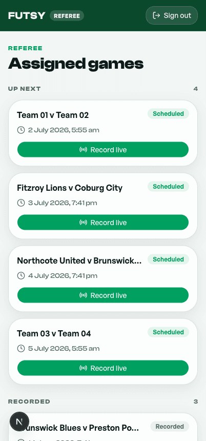 Futsy referee games screen