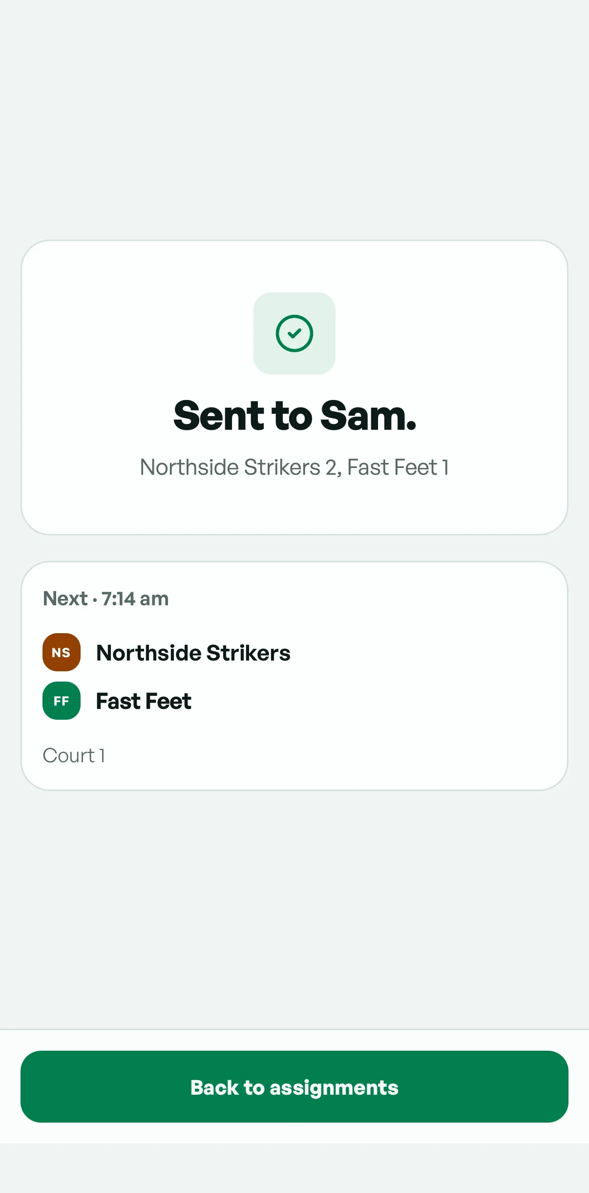The referee’s phone at full time: Sent to Sam. Northside Strikers 2, Fast Feet 1.